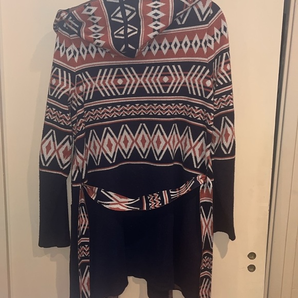Rachel Zoe ladies open sweater cardigan with tie belt size L Aztec print hoodie - Picture 2 of 12